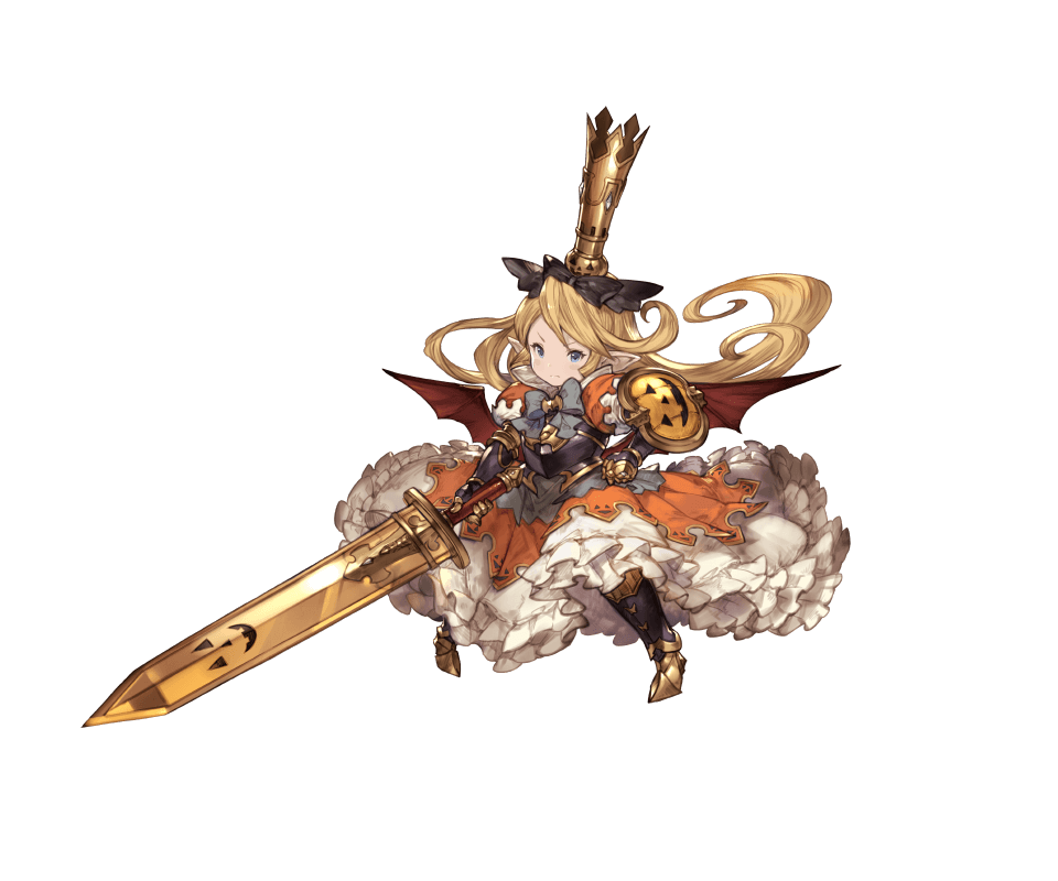 1girl armor armored_boots bat_wings blonde_hair blue_eyes boots breastplate charlotta_(granblue_fantasy) crown dress frilled_dress frills full_body granblue_fantasy halloween harbin holding holding_sword holding_weapon jack-o'-lantern long_hair minaba_hideo official_art orange_dress pointy_ears puffy_short_sleeves puffy_sleeves pumpkin short_sleeves simple_background solo sword transparent_background weapon wings