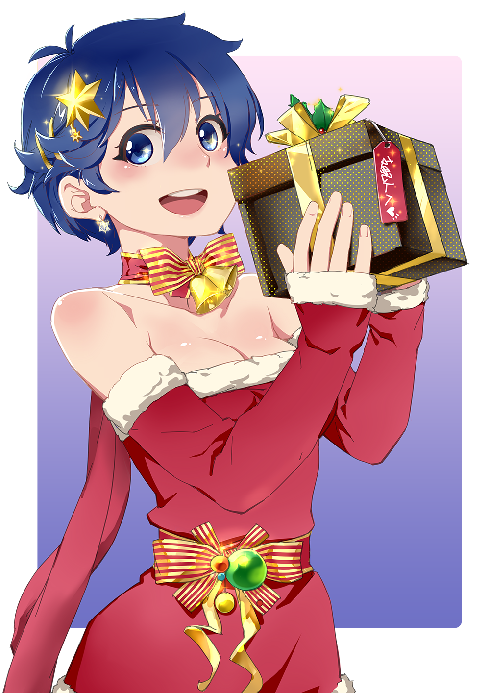1girl bare_shoulders blue_eyes blue_hair blush box breasts cleavage detached_sleeves enko_momoda fur_trim gift gift_box highres kamishiro_sui looking_at_viewer matching_hair/eyes open_mouth santa_costume scarf short_hair smile solo tokyo_7th_sisters