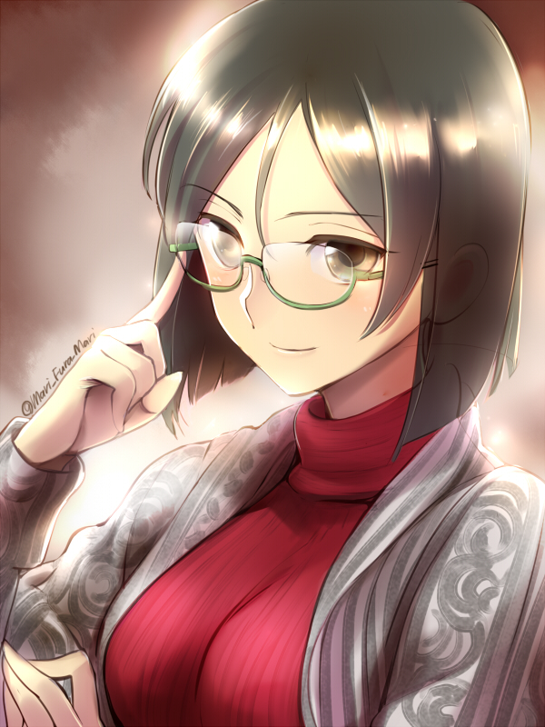 1girl adjusting_glasses blush bob_cut breasts brown_background brown_eyes closed_mouth glasses green-framed_eyewear hair_between_eyes kantai_collection kirishima_(kantai_collection) long_sleeves looking_at_viewer medium_breasts primary_stage red_sweater semi-rimless_glasses shiny shiny_hair sketch smile solo striped sweater turtleneck turtleneck_sweater twitter_username under-rim_glasses upper_body vertical_stripes