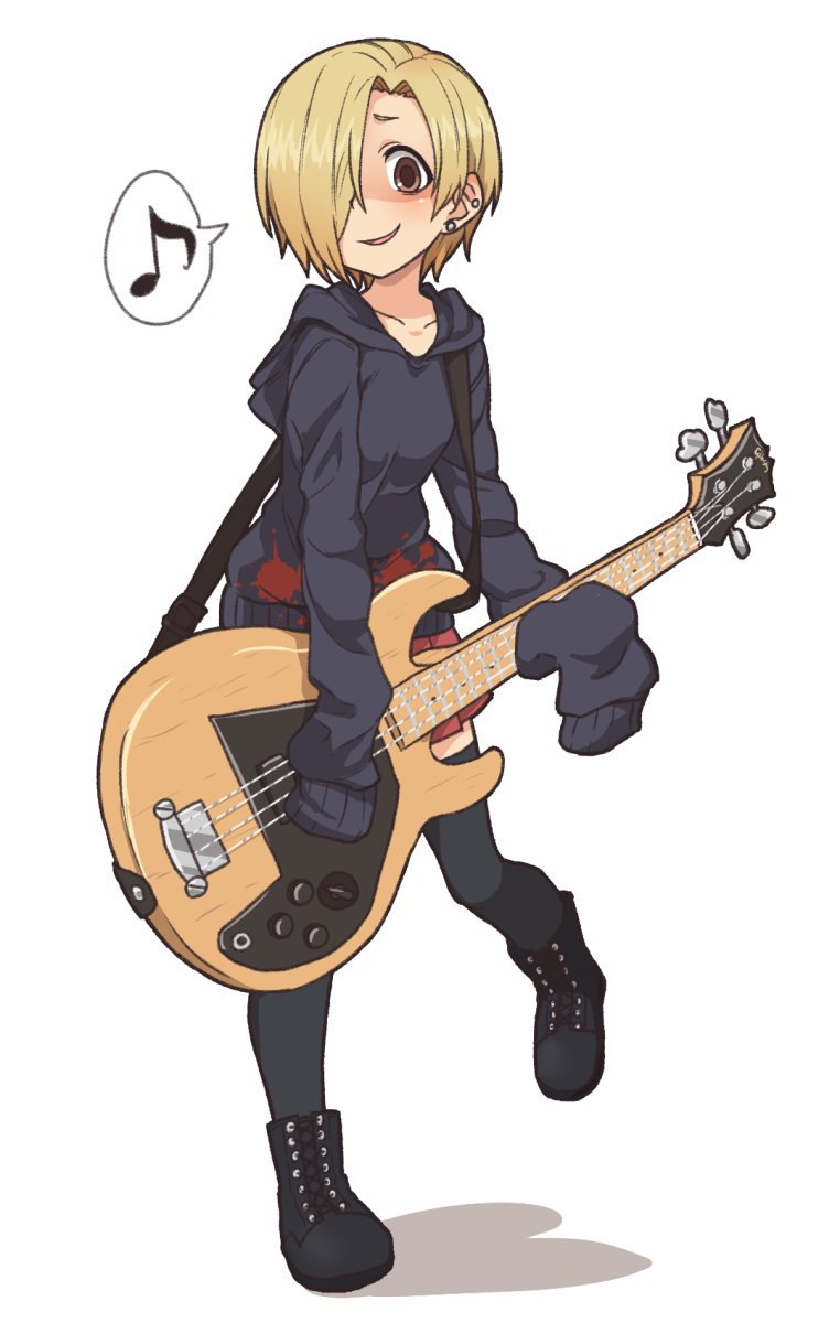 1girl bass_guitar black_legwear black_shoes blonde_hair boots brown_eyes ear_piercing gazacy_(dai) gibson guitar hair_over_one_eye highres hood hoodie idolmaster idolmaster_cinderella_girls instrument long_sleeves music musical_note pantyhose piercing playing_instrument quaver shaded_face shadow shirasaka_koume shoes short_hair simple_background sleeves_past_wrists smirk solo speech_bubble spoken_musical_note white_background