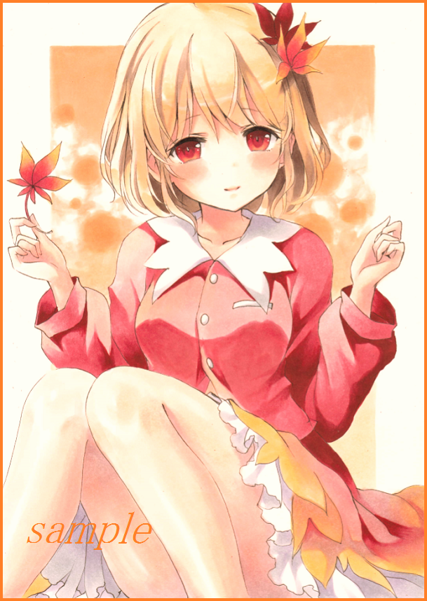 1girl aki_shizuha blonde_hair blush colored_pencil_(medium) convenient_leg frilled_skirt frills gradient gradient_background gradient_skirt hair_ornament hands_up knees_together knees_up leaf leaf_hair_ornament light_smile long_sleeves looking_at_viewer maple_leaf marker_(medium) orange_border parted_lips potto_(minntochan) red_blouse red_eyes sample short_hair sitting skirt solo touhou traditional_media wing_collar