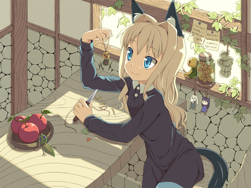 1girl animal_ears apple black_dress blonde_hair blue_eyes chisel commentary dress eyebrows eyebrows_visible_through_hair food fruit hair_intakes holding ikura_hato indoors ivy jar long_hair long_sleeves smile solo tail tail_through_clothes wavy_hair