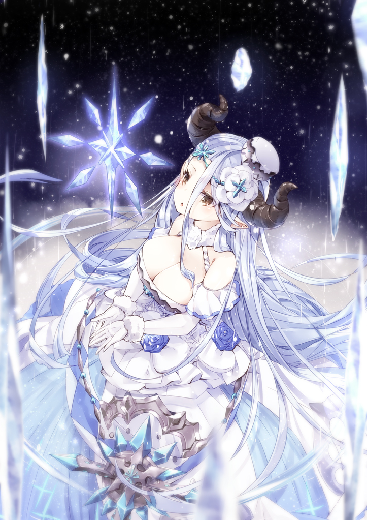 1girl 218 :o armor bare_shoulders blue_rose blurry blush breasts cleavage cross_hair_ornament crystal depth_of_field detached_sleeves doraf dress elbow_gloves eyebrows eyebrows_visible_through_hair eyelashes floating_hair flower from_above from_side fur_trim gem gloves granblue_fantasy hair_between_eyes hair_flower hair_ornament hat horns ice izmir large_breasts light_particles long_dress long_hair looking_at_viewer mole mole_under_mouth own_hands_together pointy_ears rose silver_hair solo very_long_hair white_dress white_gloves white_hat wrist_cuffs