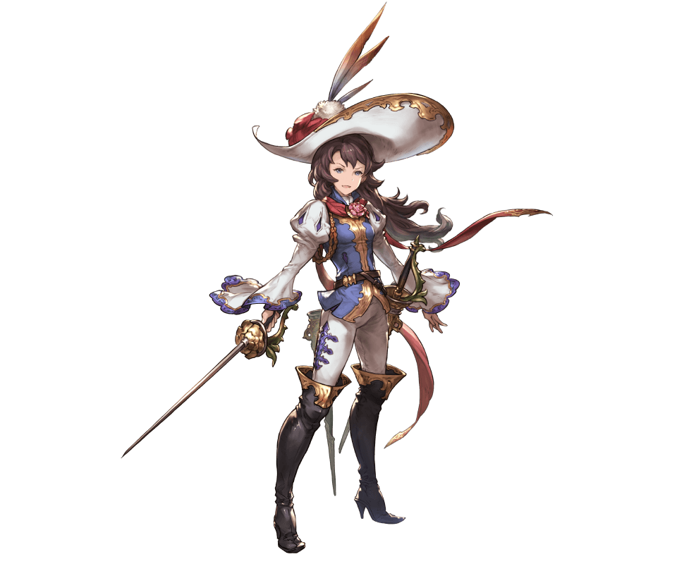 1girl ange_d'erlanger blue_eyes boots brown_hair detached_sleeves flower full_body granblue_fantasy hat holding holding_weapon juliet_sleeves long_hair long_sleeves looking_at_viewer minaba_hideo open_mouth puffy_sleeves rose simple_background smile solo standing sword thigh-highs thigh_boots weapon