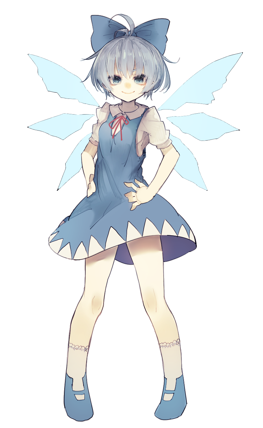 1girl antenna_hair bangs blue_dress blue_eyes blue_hair blue_shoes cirno closed_mouth dress dress_shirt hair_ornament hair_ribbon hands_on_hips highres ice ice_wings legs_apart looking_at_viewer mary_janes neck_ribbon puffy_sleeves red_ribbon ribbon riuichi shirt shoes short_hair short_sleeves simple_background smile socks solo standing touhou white_background white_legwear wings