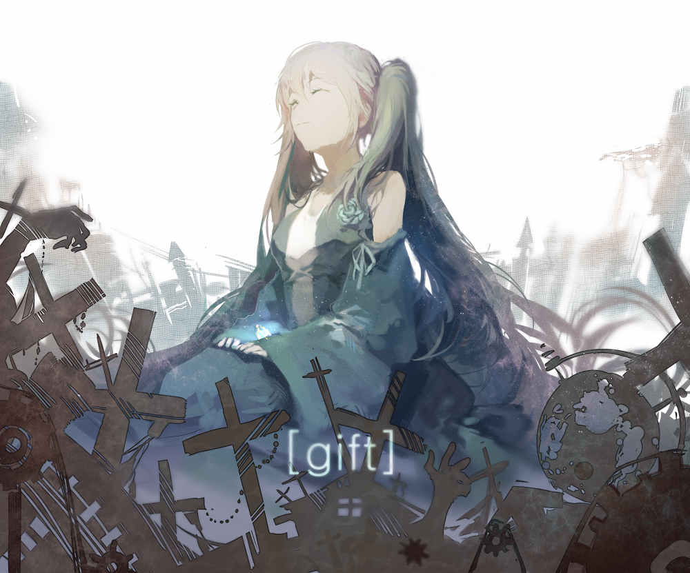 1girl ^_^ aqua_hair backlighting bloom blue_dress blue_flower blurry building cityscape clogs closed_eyes corpse cross debris depth_of_field detached_sleeves dress evillious_nendaiki flower frilled_dress frills gears globe hands hands_on_own_knees hands_together hatsune_miku ink_(303682546) kneeling long_hair nemurase_hime_kara_no_okurimono_(vocaloid) pale_skin rose smile twintails very_long_hair very_long_sleeves vocaloid wreckage