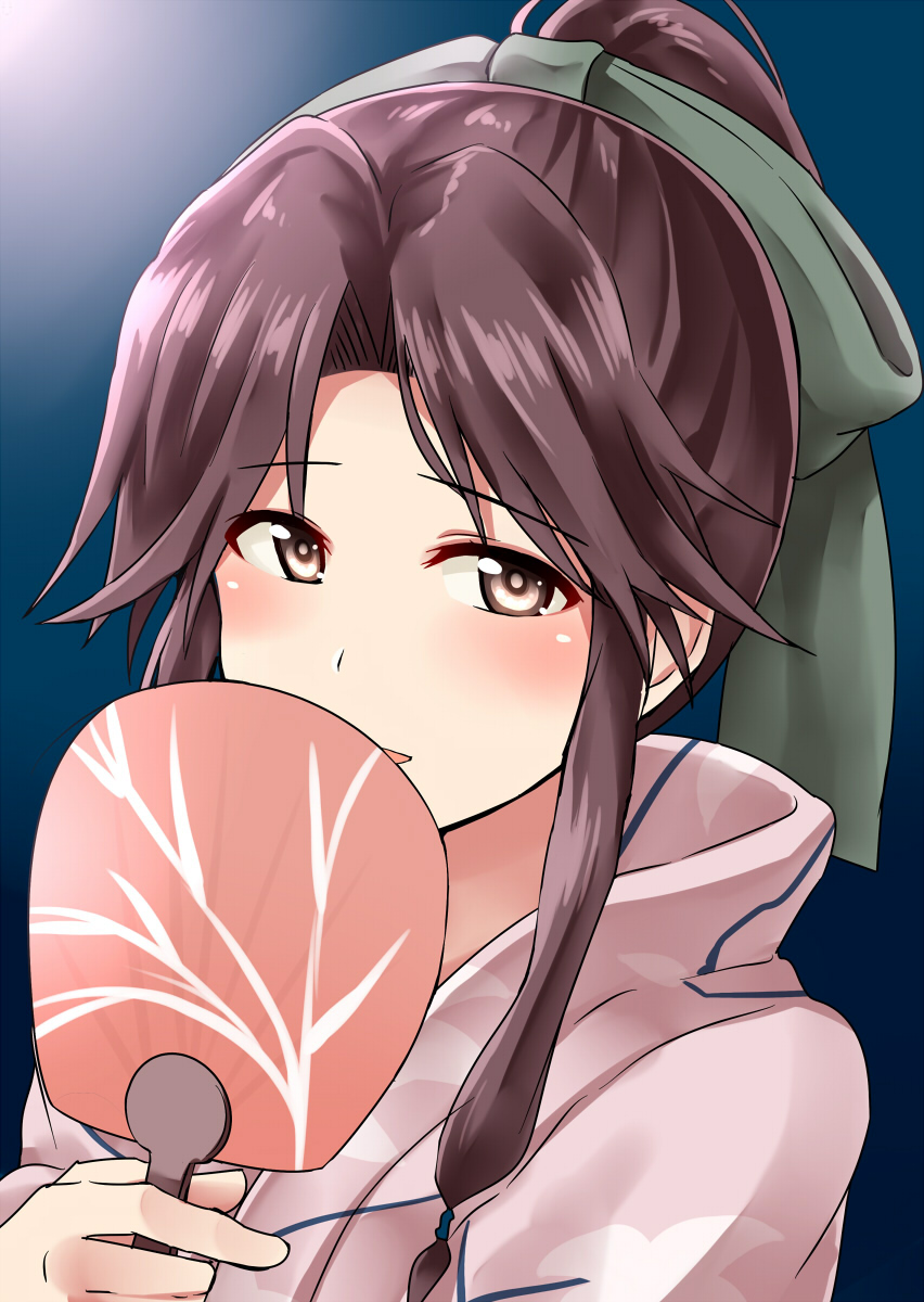 1girl :d bow brown_eyes brown_hair covering_mouth fan hair_bow hair_ribbon highres holding japanese_clothes jintsuu_(kantai_collection) kamelie kantai_collection kimono long_hair looking_at_viewer open_mouth paper_fan ponytail ribbon smile solo uchiwa yukata