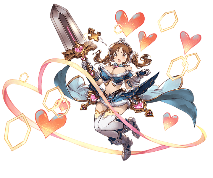 1girl armor armored_boots blue_skirt blush boots breasts brown_eyes brown_hair cleavage full_body fur_trim gauntlets granblue_fantasy heart holding holding_sword holding_weapon idolmaster idolmaster_cinderella_girls knees_together_feet_apart large_breasts minaba_hideo miniskirt navel official_art short_hair simple_background skirt solo sword thigh-highs tiara totoki_airi transparent_background twintails weapon white_legwear