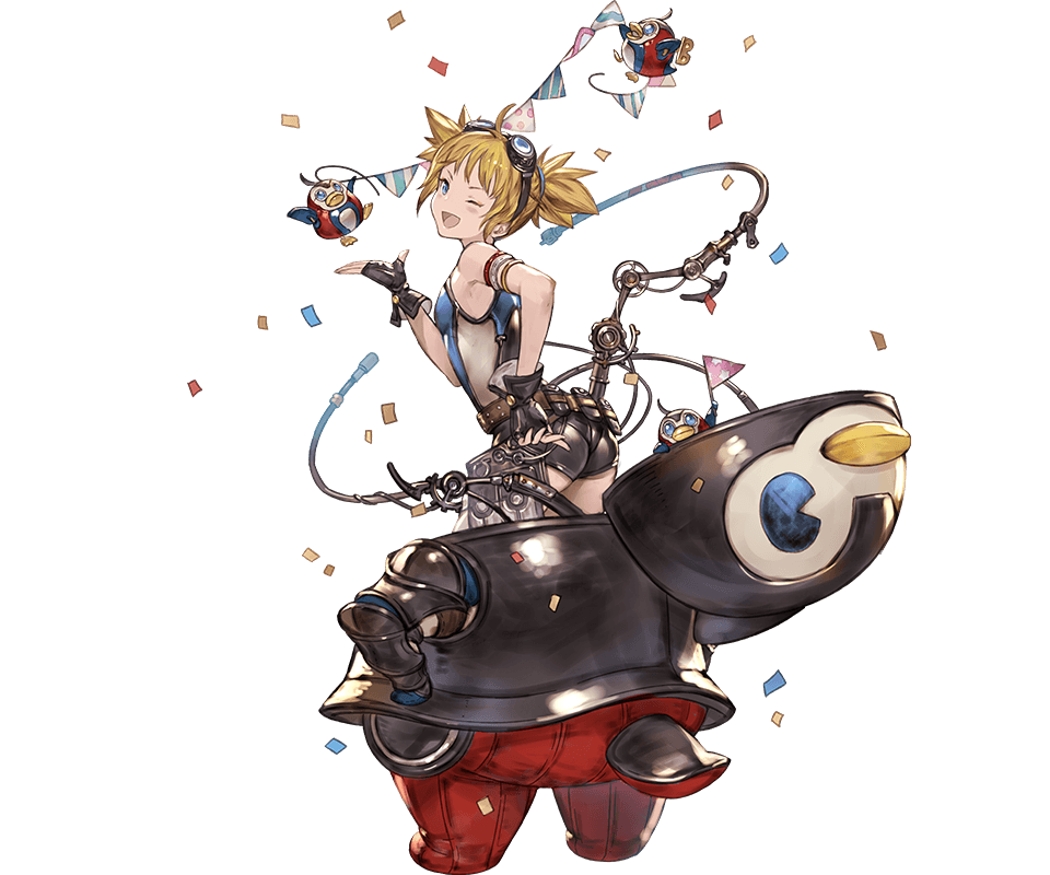1girl ;d ahoge animal_costume ass belt black_gloves blonde_hair blue_eyes confetti fingerless_gloves flat_ass flat_chest full_body garland_(decoration) gloves goggles goggles_on_head granblue_fantasy leotard minaba_hideo official_art one_eye_closed open_mouth pengie pengie_(granblue_fantasy) penguin_costume petite robot short_hair short_shorts short_twintails shorts simple_background smile solo transparent_background twintails