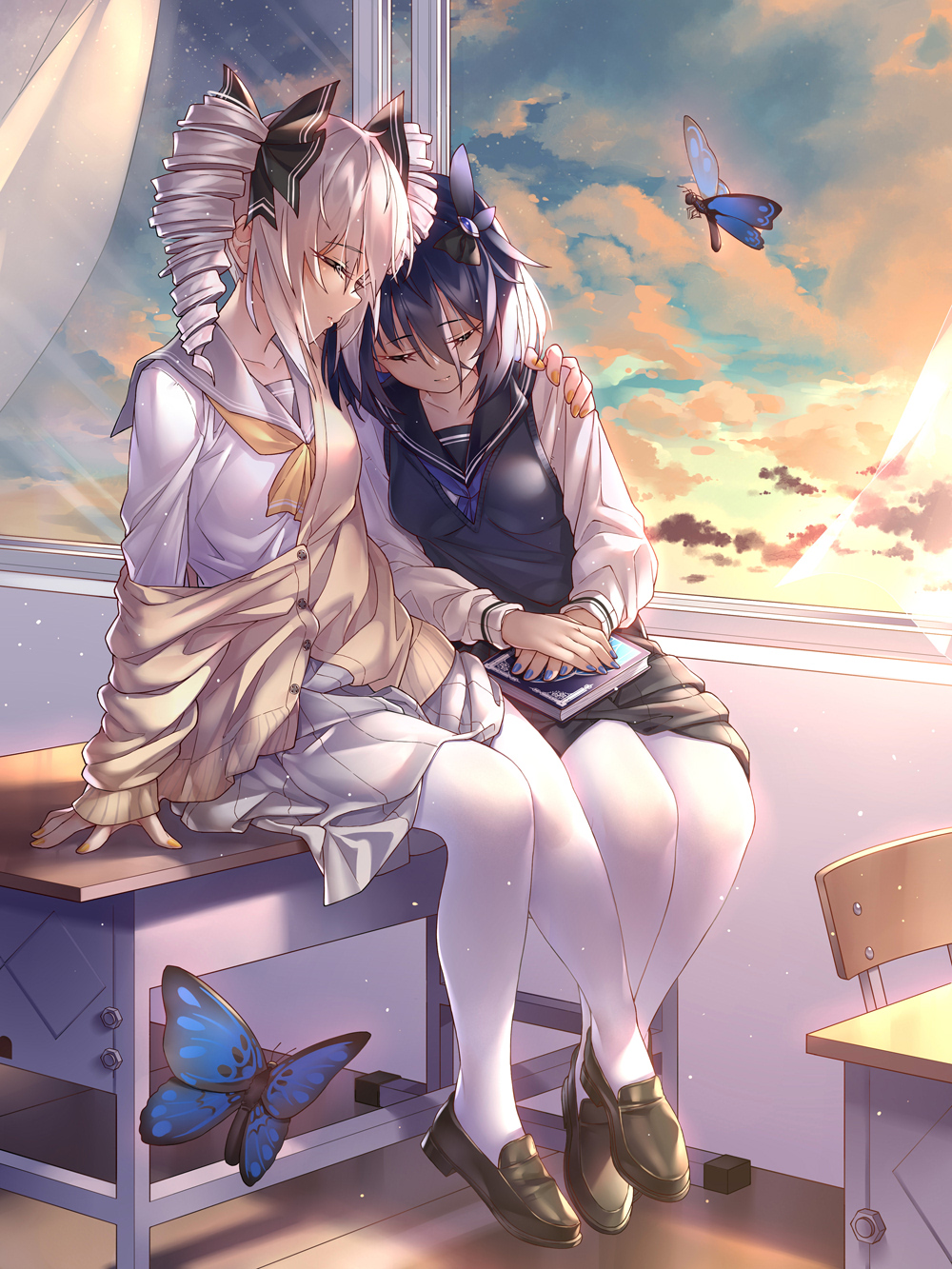 2girls antenna_hair bangs black_footwear blue_butterfly blue_hair blue_nails blue_sky bronya_zaychik brown_jacket brown_skirt bug butterfly chair classroom closed_eyes closed_mouth clouds cloudy_sky desk drill_hair ginklaga grey_hair grey_skirt hair_between_eyes hand_on_another's_shoulder highres honkai_(series) honkai_impact_3rd indoors insect jacket leaning_on_person leggings long_sleeves multiple_girls nail_polish on_desk school_uniform seele_vollerei shoes short_hair sitting sitting_on_desk skirt sky sunset table twin_drills white_legwear window yellow_nails