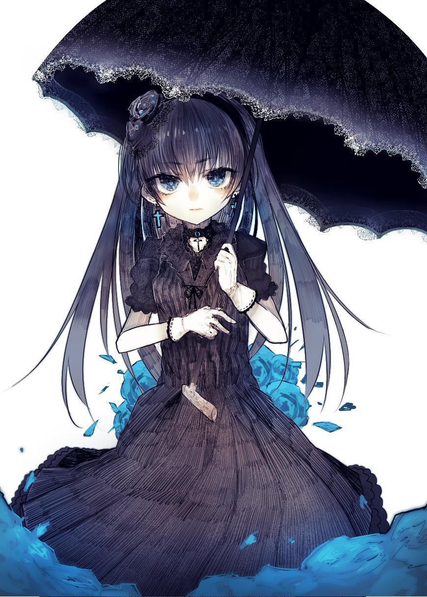 1girl bangs black_choker black_dress black_hair black_umbrella blue_eyes blue_rose breasts character_request choker closed_mouth cross cross_earrings dress earrings eyebrows eyebrows_visible_through_hair flower frilled_skirt frilled_sleeves frills gloves gothic_lolita hair_between_eyes highres holding holding_umbrella jewelry long_hair looking_at_viewer riuichi rose short_sleeves skirt solo umbrella upper_body white_gloves