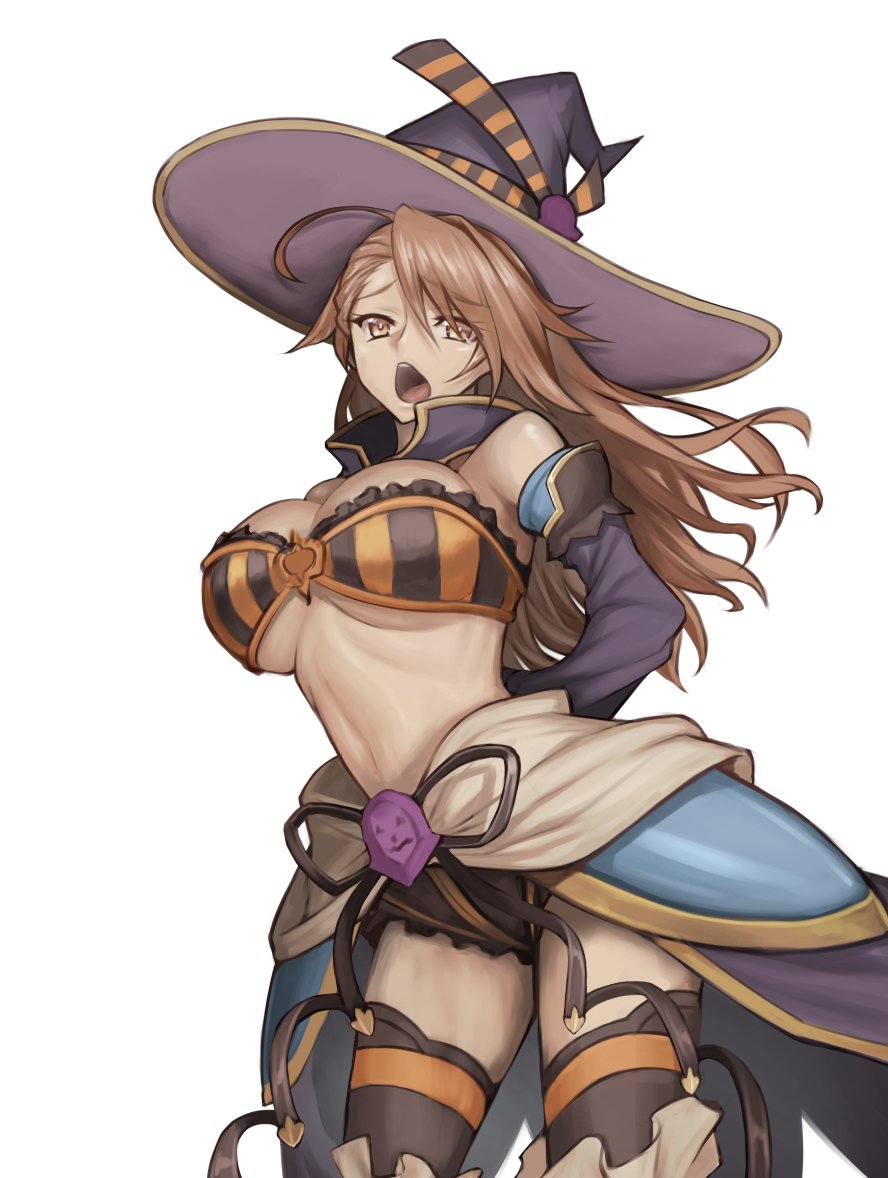 1girl arms_behind_back bangs bare_shoulders beatrix_(granblue_fantasy) black_legwear black_ribbon breasts brown_eyes brown_hair chestnut_mouth cleavage cowboy_shot detached_sleeves granblue_fantasy halloween_costume hat jonylaser large_breasts long_hair looking_at_viewer midriff navel open_mouth ribbon skirt solo strapless thigh-highs tubetop under_boob white_background witch_hat