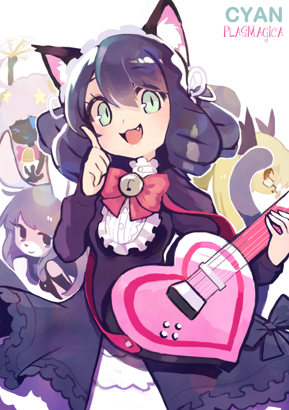 4girls animal_ears aqua_eyes bell blue_hair bow bowtie cat_ears cat_girl cat_tail character_name chuchu_(show_by_rock!!) cyan_(show_by_rock!!) fang glasses guitar heart_guitar hexed instrument jingle_bell looking_at_viewer maid_headdress moa_(show_by_rock!!) multiple_girls rabbit_ears retoree show_by_rock!! slit_pupils strawberry_heart tagme tail text
