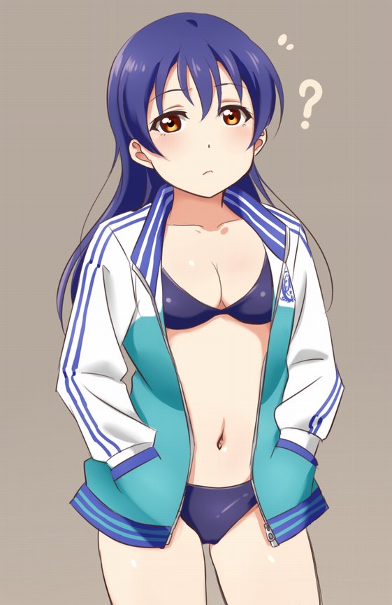 1girl ? bangs bikini blue_bikini blue_hair breasts brown_eyes cleavage cowboy_shot grey_background hands_in_pockets jacket light_frown long_hair long_sleeves love_live! navel open_clothes open_jacket simple_background small_breasts solo sonoda_umi swimsuit turkey_min yellow_eyes