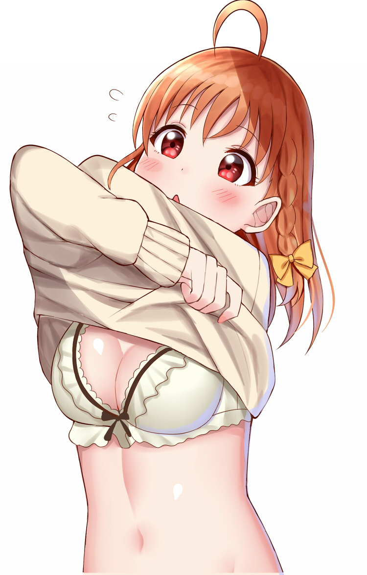 1girl :o ahoge arms_up bangs black_bow blush bow bow_bra bra braid breasts cleavage clothes_lift eyebrows eyebrows_visible_through_hair flying_sweatdrops hair_bow hair_ornament long_sleeves love_live! love_live!_sunshine!! medium_breasts mizukoshi_(marumi) navel orange_hair red_eyes side_braid simple_background single_braid solo stomach sweater sweater_lift takami_chika underwear undressing upper_body white_background white_bra yellow_bow