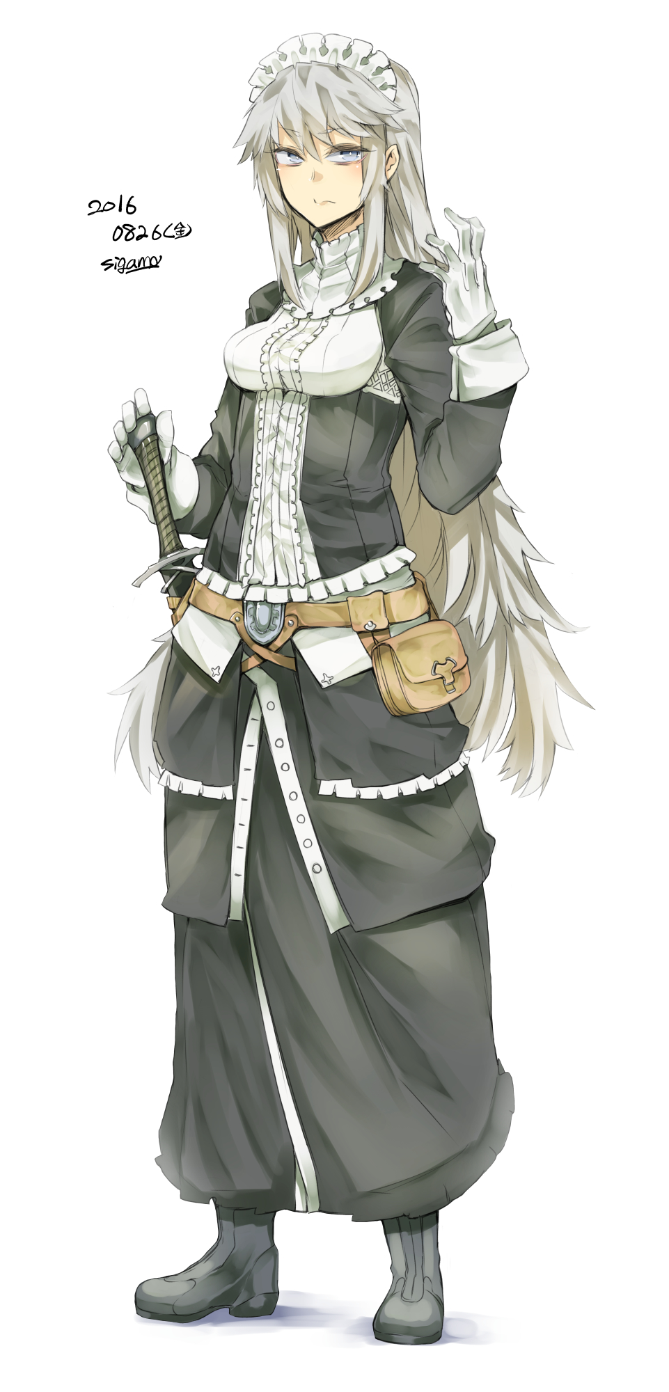 1girl artist_name belt blue_eyes boots breasts dated full_body gloves grey_hair highres long_hair looking_at_viewer maid_headdress original pouch sheath sheathed sigama simple_background solo sword very_long_hair weapon white_background white_gloves