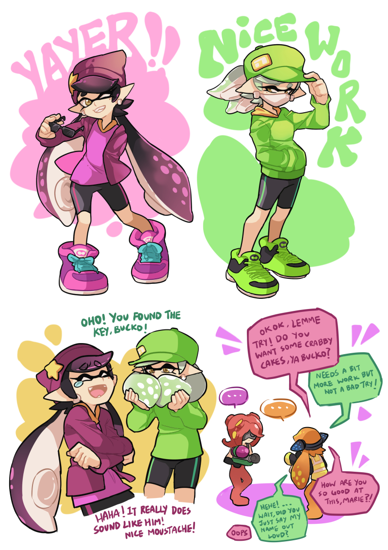+_+ 4girls aori_(splatoon) baseball_cap beanie bike_shorts black_hair black_shorts brown_eyes burst_bomb_(splatoon) comic domino_mask earrings english fangs female goggles green_hat green_shirt green_shoes grey_hair grin hands_in_pockets hat headgear holding holding_weapon hood hoodie hotaru_(splatoon) inkling jacket jewelry laughing long_sleeves looking_at_another looking_at_viewer mask mole mole_under_eye multiple_girls octarian octoshot_(splatoon) one_eye_closed open_clothes open_jacket orange_hair pointy_ears purple_hat purple_jacket purple_shirt purple_shoes redhead shirt shoes shorts single_vertical_stripe smile sneakers splatoon squidbeak_splatoon standing star_hat_ornament sunglasses surgical_mask takozonesu tearing_up tentacle_hair vest weapon white_background wong_ying_chee
