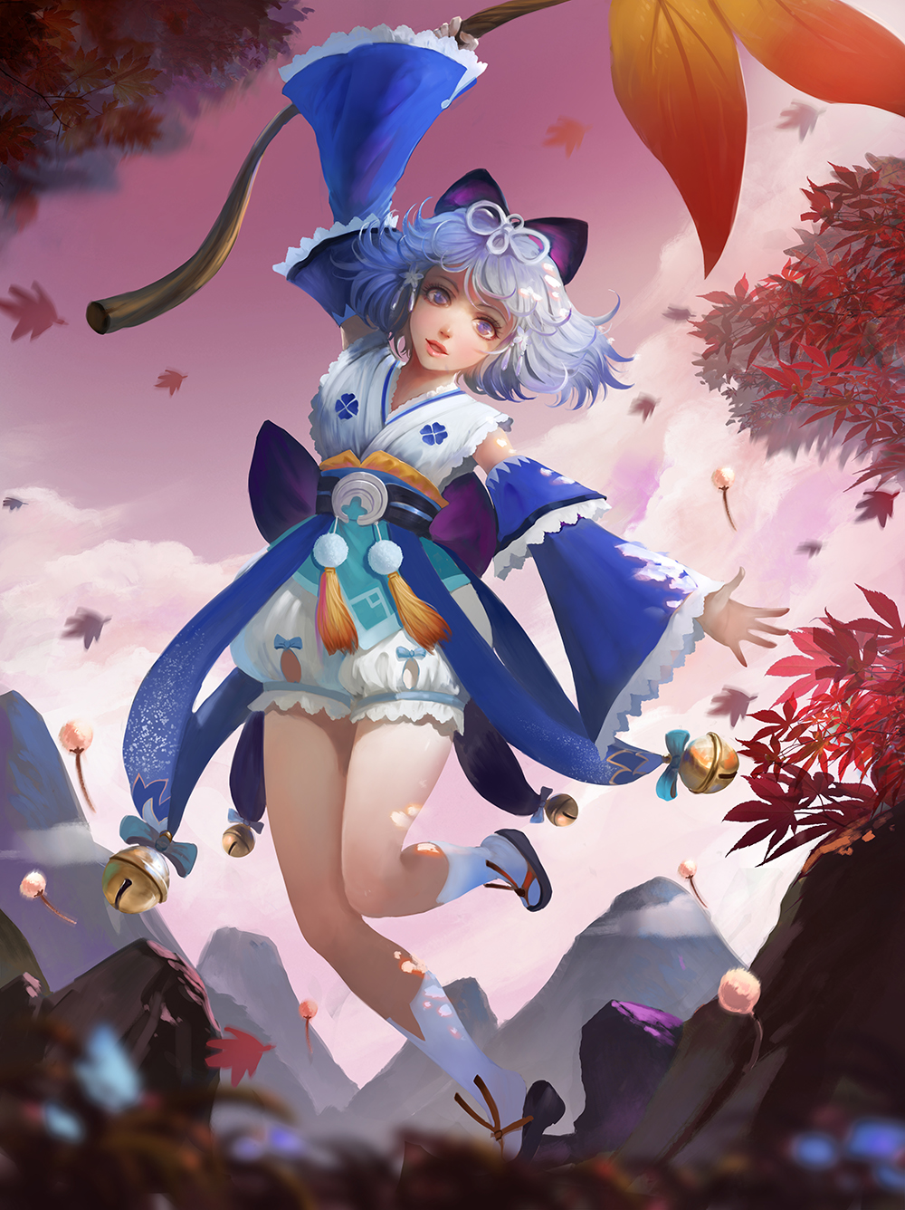 1girl aqua_bow arm_up autumn autumn_leaves bangs bell blue_bow blue_eyes blue_hair blurry bow clouds cloudy_sky dandelion dappled_sunlight depth_of_field detached_sleeves eyelashes falling_leaves flat_chest floral_print flower hair_bow hair_ornament hair_ribbon hanging highres japanese_clothes jingle_bell kaze_no_gyouja kneehighs leaf leg_up lips looking_at_viewer motion_blur mountain obi onmyoji outdoors outstretched_arm parted_lips pink_sky pom_pom_(clothes) ribbon rock sash short_hair sky smile solo standing standing_on_one_leg sunlight tassel white_legwear wide_sleeves ying_grass zouri