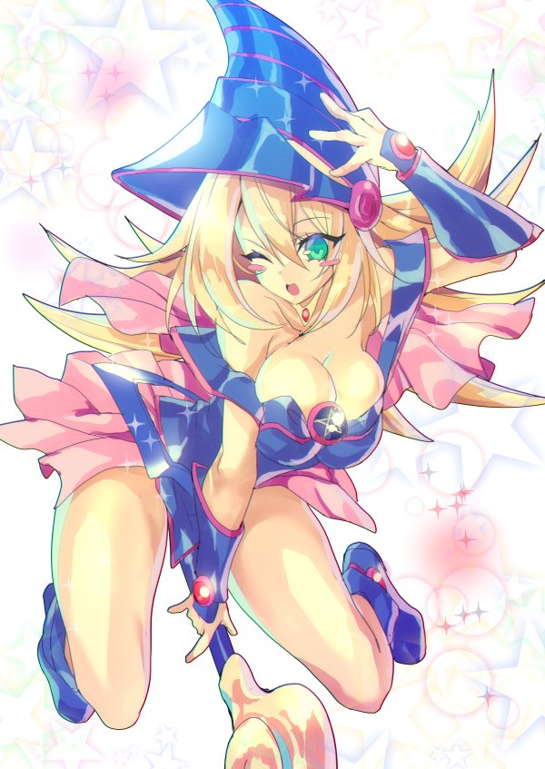 1girl ;o \n/ adjusting_clothes adjusting_hat bare_shoulders blonde_hair blue_boots blush_stickers boots breasts capelet choker cleavage collarbone dark_magician_girl duel_monster flipped_hair full_body green_eyes hair_between_eyes hat large_breasts long_hair minoru one_eye_closed open_mouth pentacle solo sparkle staff star starry_background vambraces wizard_hat yu-gi-oh! yuu-gi-ou_duel_monsters