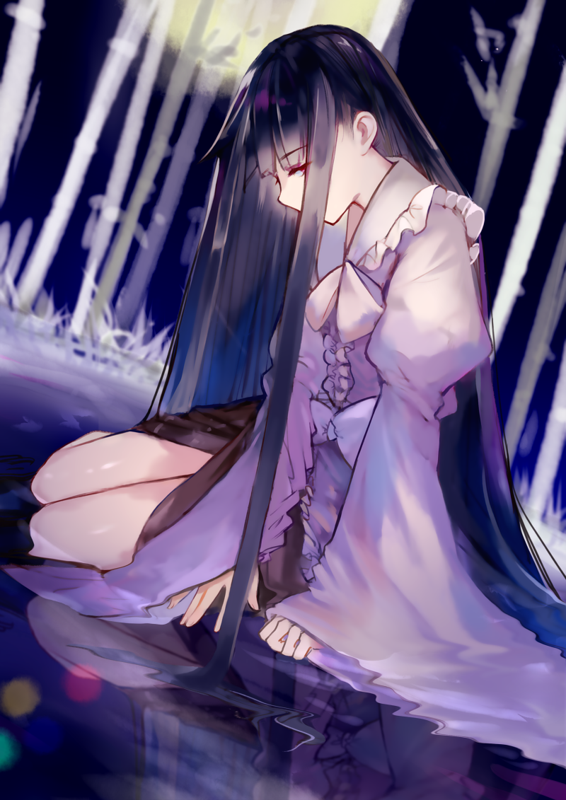 1girl bamboo bamboo_forest black_hair blouse bow bowtie collar forest frilled_collar frills houraisan_kaguya juliet_sleeves long_hair long_sleeves looking_at_viewer moon nature night ookamisama pink_blouse puffy_sleeves red_skirt reflection sitting sitting_on_water skirt solo touhou very_long_hair white_bow white_bowtie wide_sleeves yokozuwari