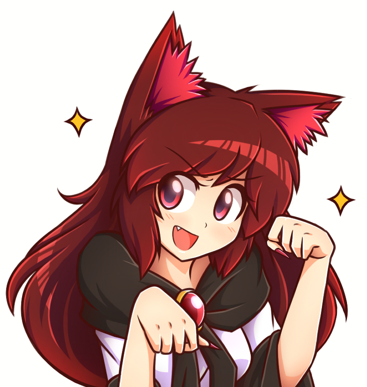 &gt;:d 1girl :d animal_ears bangs blush breasts brooch brown_hair dress fang fingernails imaizumi_kagerou jewelry long_hair looking_at_viewer medium_breasts nail_polish open_mouth paw_pose red_eyes red_nails sharp_fingernails smile solo sparkle touhou upper_body white_background wide_sleeves wolf_ears wool_(miwol)