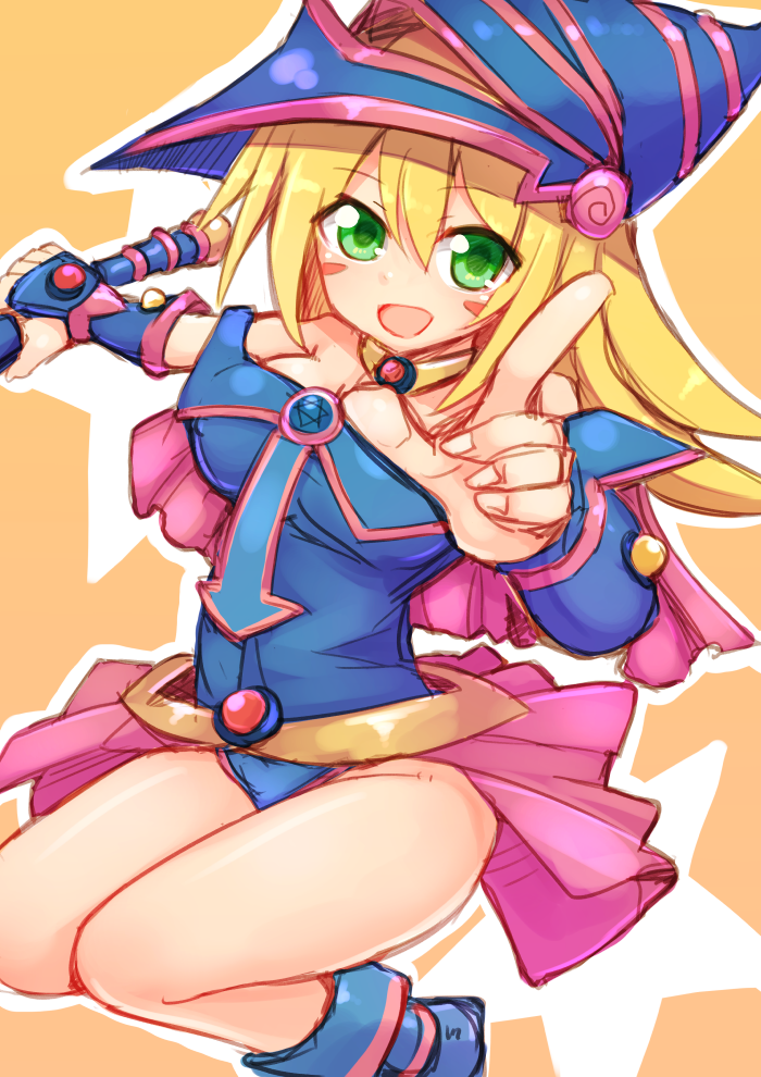 1girl bare_shoulders blonde_hair blue_boots blush blush_stickers boots breasts choker cleavage dark_magician_girl duel_monster green_eyes hat ico_(green_bullet) large_breasts long_hair open_mouth pentacle smile solo staff wizard_hat yu-gi-oh! yuu-gi-ou_duel_monsters