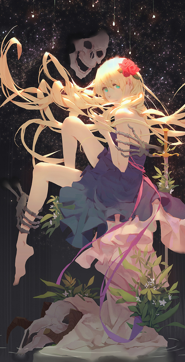 1girl bangs bare_shoulders barefoot blonde_hair blue_dress blue_eyes bone dress fingers_together flower grass green_eyes hair_flower hair_ornament hands_up kuroduki_(pieat) long_hair original plant planted_sword planted_weapon ripples rock skeleton sky solo star_(sky) starry_sky stone strapless strapless_dress sword very_long_hair water weapon