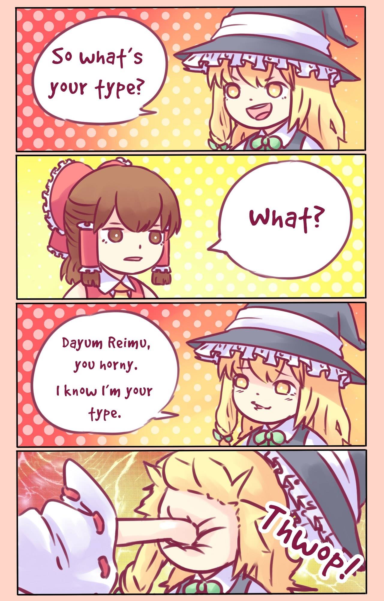 2girls 4koma :d black_dress black_hat blonde_hair bow brown_eyes brown_hair close-up comic commentary detached_sleeves dress face_punch green_bow green_ribbon hair_bow hair_ribbon hair_tubes hakurei_reimu hat hat_bow highres in_the_face japanese_clothes jitome kirisame_marisa long_hair meme miko multiple_girls open_mouth polka_dot polka_dot_background punching ribbon ribbon_trim round_teeth smile smug speech_bubble teeth touhou white_bow wide_sleeves witch_hat yellow_eyes yoruny