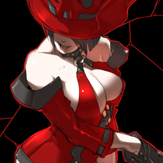 1girl :p arc_system_works bare_shoulders black_background black_hair breasts brown_hair cleavage collar cropped_jacket curvy detached_sleeves dress faceless falcoon gloves guilty_gear guilty_gear_xx hat hat_over_eyes i-no jacket large_breasts looking_afar mole no_bra o-ring_top open_clothes open_jacket outline pale_skin red_dress short_dress short_hair sideboob simple_background solo tongue tongue_out upper_body witch_hat
