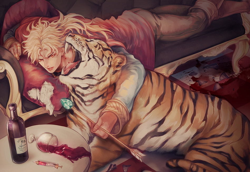 1boy alcohol arrow blonde_hair boots bottle broken_glass brown_boots couch cup dio_brando drinking_glass glass jojo_no_kimyou_na_bouken lying male_focus on_stomach open_mouth orange_eyes pillow sharp_teeth solo spill syringe table takashi_(huzakenna) teeth tiger wine wine_bottle wine_glass