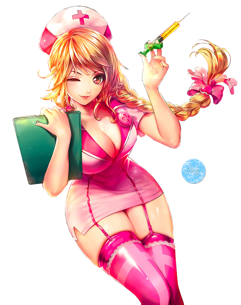 boots character_request cleavage clipboard copyright_request dress flowing_hair holsters large_breasts long_hair needle orange_hair pink_eyes plait source_request syringe tagme thigh_highs wink