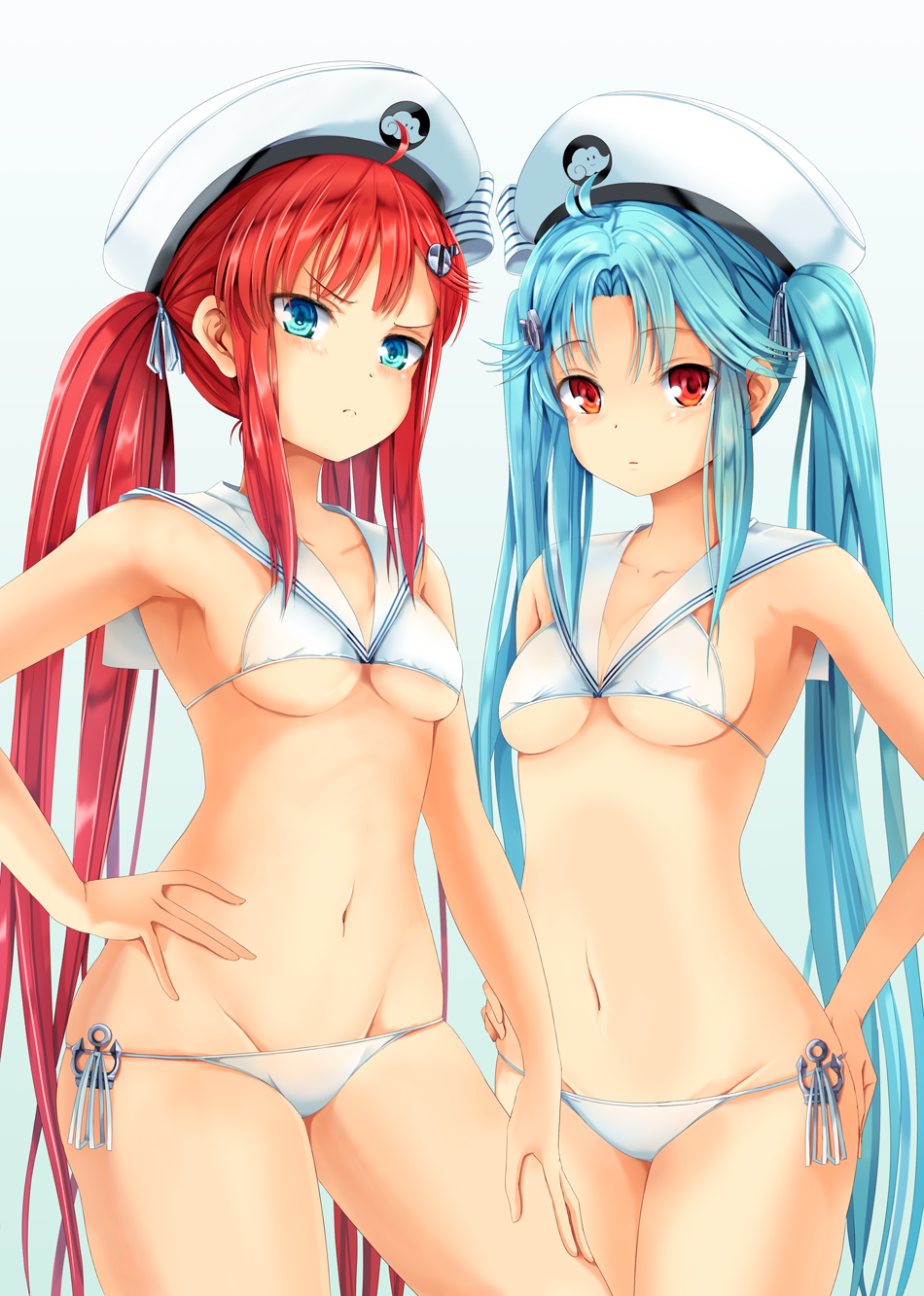 2girls arm_at_side armpits bare_shoulders bikini blue_eyes blue_hair breasts cleavage collarbone contrapposto cosplay cowboy_shot frown hair_over_shoulder hand_on_hip hat highres hinabita hopper kantai_collection long_hair looking_at_viewer lowleg lowleg_bikini medium_breasts midriff multiple_girls navel red_eyes redhead sailor_bikini sailor_collar sailor_hat shinonome_kokona shinonome_natsuhi sideboob sidelocks simple_background sisters swimsuit thighs twins twintails under_boob very_long_hair white_bikini z3_max_schultz_(kantai_collection) z3_max_schultz_(kantai_collection)_(cosplay)