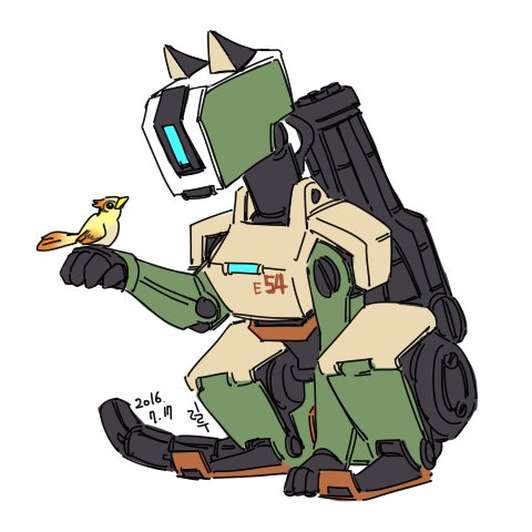 animal_ears animalization bastion_(overwatch) bird bird_on_hand cat cat_ears cat_tail dated ganymede_(overwatch) gatling_gun gun lillu looking_at_another lowres overwatch robot simple_background tail weapon