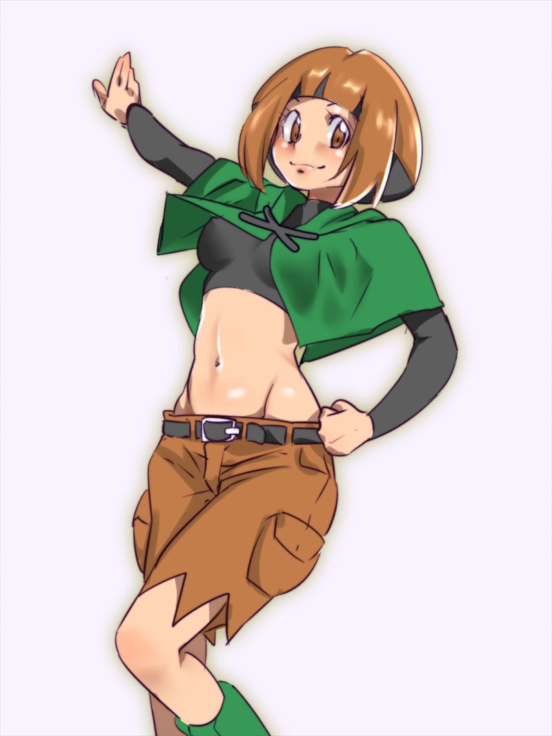 1girl belt blush boots breasts brown_eyes brown_hair green_boots gym_leader midriff natane_(pokemon) navel pants pokemon pokemon_(game) pokemon_dppt short_hair simple_background smile solo zaitsu