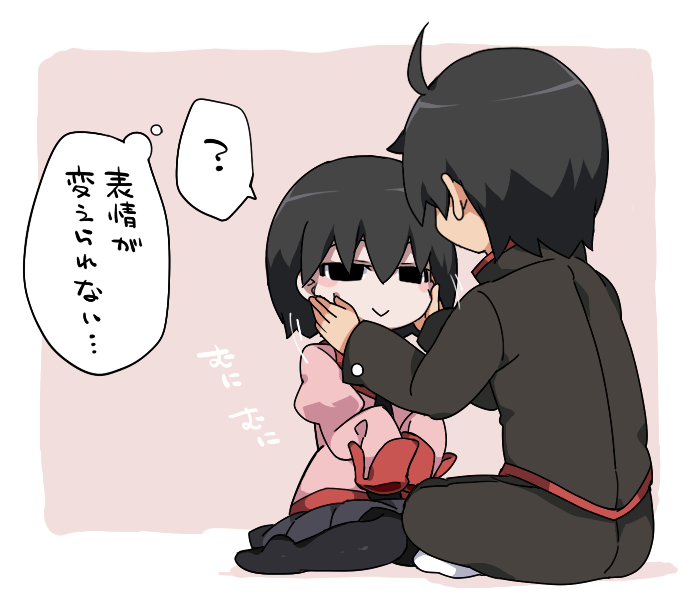 1boy 1girl ? ahoge araragi_koyomi black_hair black_legwear blush commentary_request empty_eyes hammer_(sunset_beach) hands_on_another's_cheeks hands_on_another's_face long_sleeves monogatari_(series) oshino_ougi school_uniform short_hair sitting sleeves_past_wrists spoken_question_mark thigh-highs thought_bubble translated