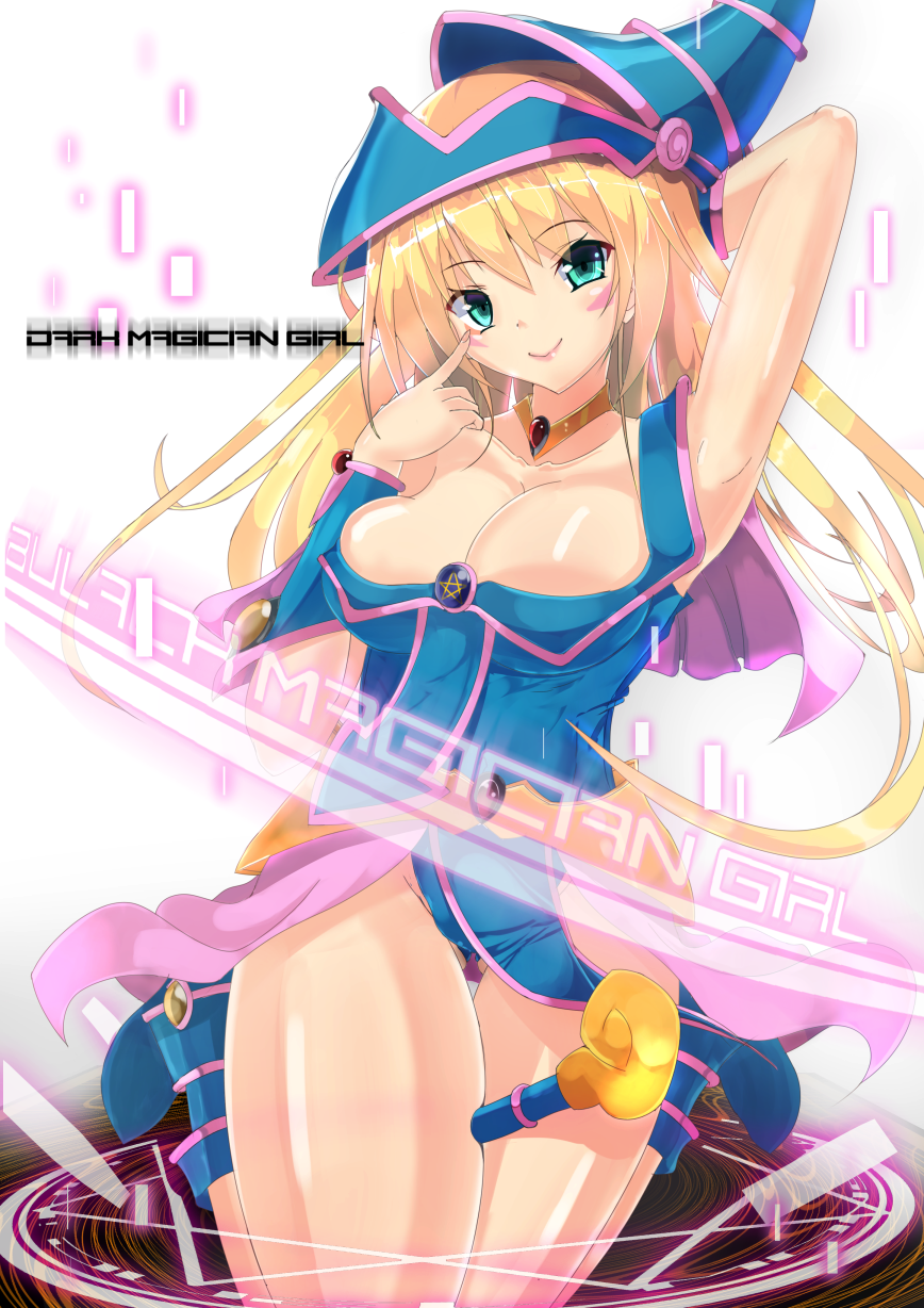 1girl arms_behind_head bare_shoulders blonde_hair blue_boots boots breasts character_name choker cleavage closed_mouth commentary_request dark_magician_girl eyebrows eyebrows_visible_through_hair green_eyes hair_between_eyes hat head_tilt highres kura_(kurenakurena) large_breasts long_hair pentacle smile solo wizard_hat yu-gi-oh!