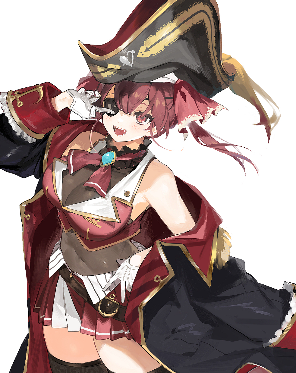 1girl :d ascot bare_shoulders belt bicorne black_coat black_eyepatch black_headwear black_legwear blush breasts brooch brown_belt coat commentary covered_navel cowboy_shot cropped_jacket eyepatch frilled_shirt_collar frills gloves gold_trim hair_ribbon hat highres hololive houshou_marine jacket jewelry lace-trimmed_legwear lace_trim large_breasts leather_belt leotard leotard_under_clothes long_hair looking_at_viewer lunch_(lunchicken) midriff miniskirt off_shoulder open_mouth pirate pirate_hat pleated_skirt pointing pointing_at_self red_ascot red_eyes red_jacket red_ribbon red_skirt redhead ribbon sheer_leotard simple_background skirt sleeveless sleeveless_jacket smile solo thick_thighs thigh-highs thighs twintails virtual_youtuber white_background white_gloves zettai_ryouiki