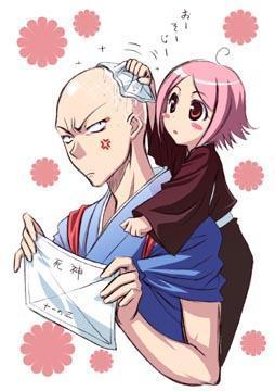 1boy 1girl bald bleach jpeg_artifacts kusajishi_yachiru lowres madarame_ikkaku pink_hair translated