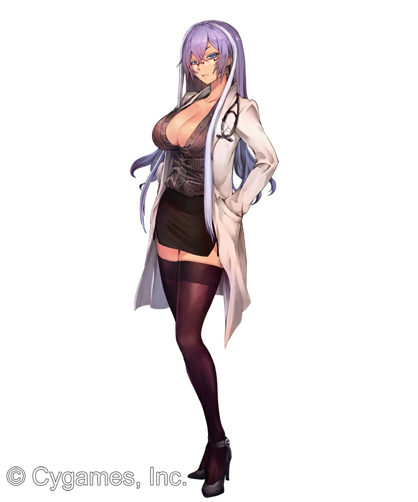 1girl black_legwear blue_eyes breasts buttons cleavage company_name cygames glasses hand_in_pocket high_heels isabelle_(shadowverse) khanshin labcoat large_breasts long_hair multicolored_hair pencil_skirt purple_hair red-framed_eyewear shadowverse simple_background skirt solo stethoscope thigh-highs two-tone_hair white_background white_hair