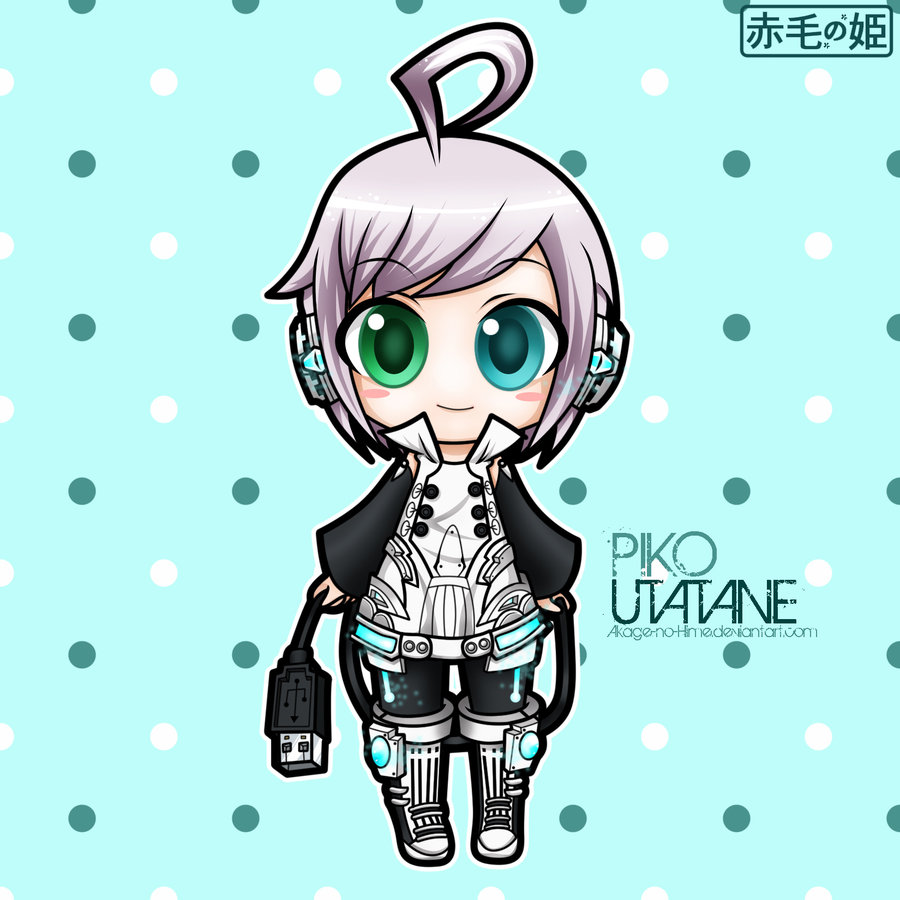 blue_eye boots chibi green_eye headphones official_artwork piko_utatane silver_hair simple_background sleeve smile tagme thigh_highs usb vocaloid