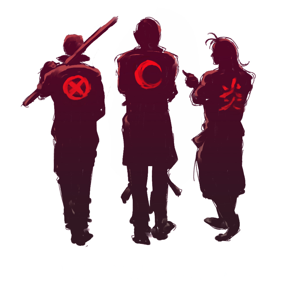 3boys bandanna billy_kane facing_away holding holding_weapon kanji kisaragi_eiji male_focus monochrome moon_print multiple_boys ninja polearm simple_background snk staff symbol the_king_of_fighters three_section_staff weapon white_background yagami_iori