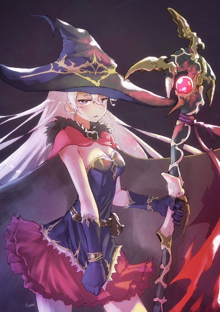 1girl artist_name bangs belt belt_pouch black_background black_hat blush breasts cape cleavage cowboy_shot fantasy fur_cape gem hair_between_eyes hat highres holding holding_shirt holding_staff kagawa_yuusaku lace lace-trimmed_shirt large_hat long_hair looking_at_viewer magician medium_breasts original parted_lips red_cape red_skirt shirt signature silver_hair skirt solo staff thighs violet_eyes witch witch_hat