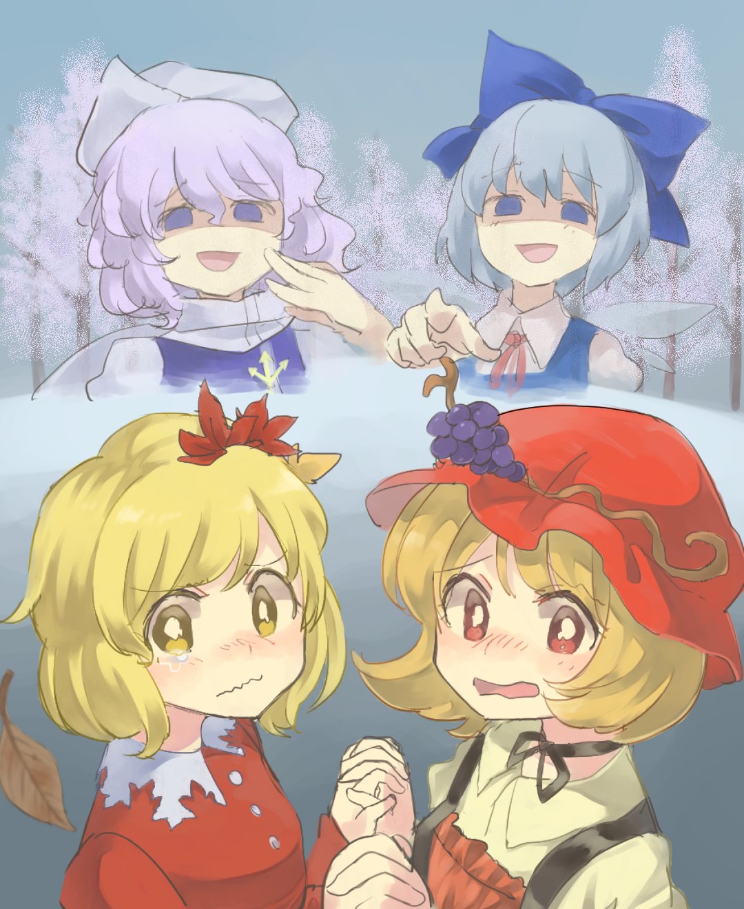 4girls aki_minoriko aki_shizuha autumn_leaves bangs blonde_hair blue_dress blue_eyes blue_hair blush bow check_commentary choker cirno collared_shirt commentary_request day dress forest grey_sky hair_between_eyes hair_bow hair_ornament hand_holding hat hat_ornament highres interlocked_fingers laughing lavender_hair leaf leaf_hair_ornament letty_whiterock long_sleeves looking_at_viewer mob_cap multiple_girls nature nose_blush open_mouth pointing polearm red_dress red_eyes ribbon ribbon_choker sasa_kichi scarf shaded_face shirt short_hair siblings sisters snow tearing_up touhou trident troll_face watery_eyes wavy_mouth weapon white_scarf white_shirt yellow_eyes yellow_shirt