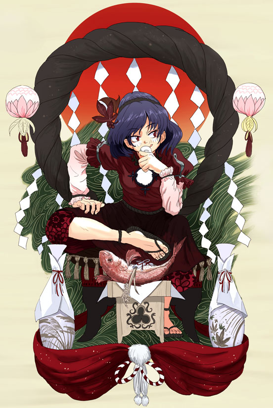 1girl :q feet female fish hand_on_thigh looking_away offering rope sandals shide shimenawa sitting solo sun tongue tongue_out touhou tsurui yasaka_kanako