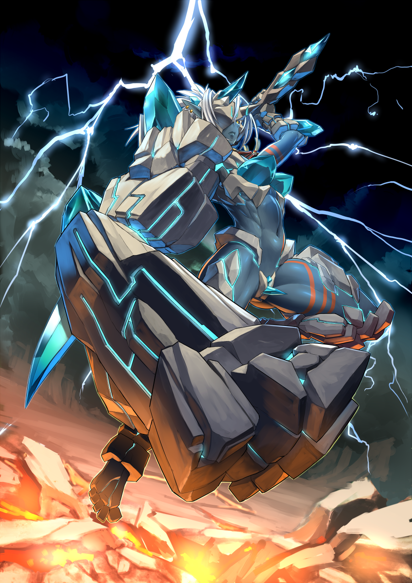 1girl arm_up blue_skin clouds cloudy_sky fire full_body gauntlets gran_(taimanin_asagi) ground_shatter helm helmet hidden_eyes highres holding holding_weapon lightning mikoyan muscle muscular_female navel official_art sky solo stomach taimanin_(series) taimanin_asagi_kessen_arena thighs weapon white_hair