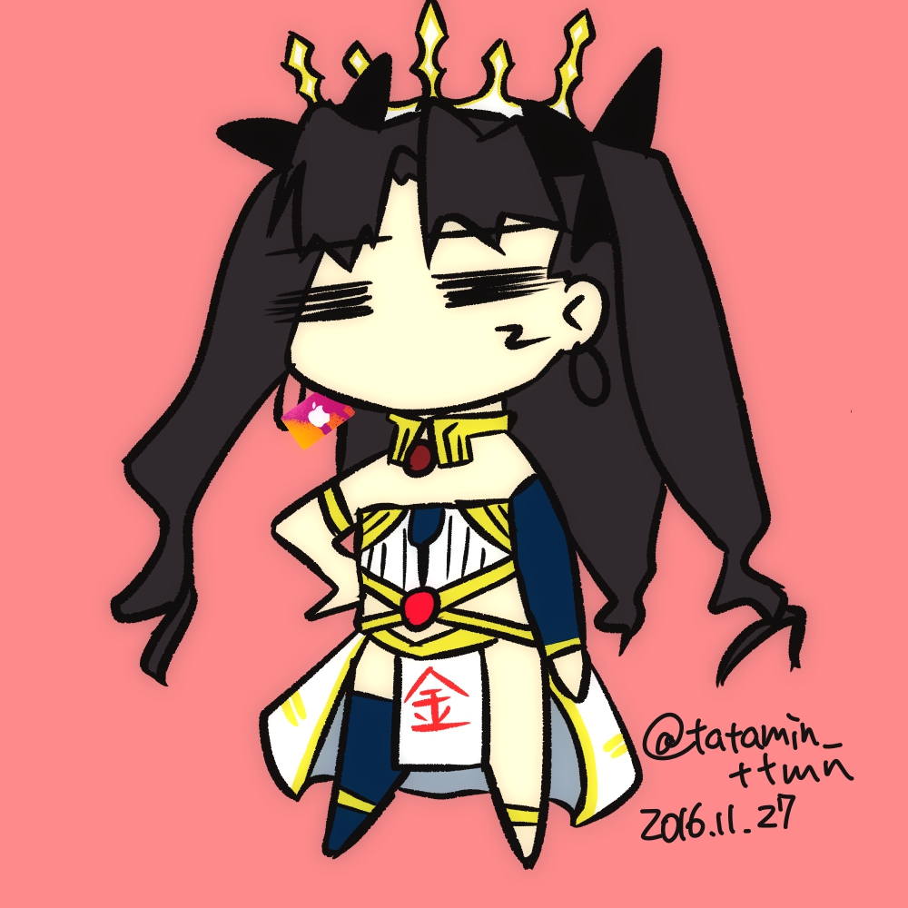 1girl anklet armlet artist_name bare_shoulders black_hair card chibi commentary_request crown earrings expressionless fate/grand_order fate/stay_night fate_(series) gift_card hair_ribbon hand_on_hip hoop_earrings ishtar_(fate/grand_order) itunes jewelry long_hair parody red_background ribbon single_thighhigh solo thigh-highs thighlet tohsaka_rin twintails two_side_up zettai_ryouiki