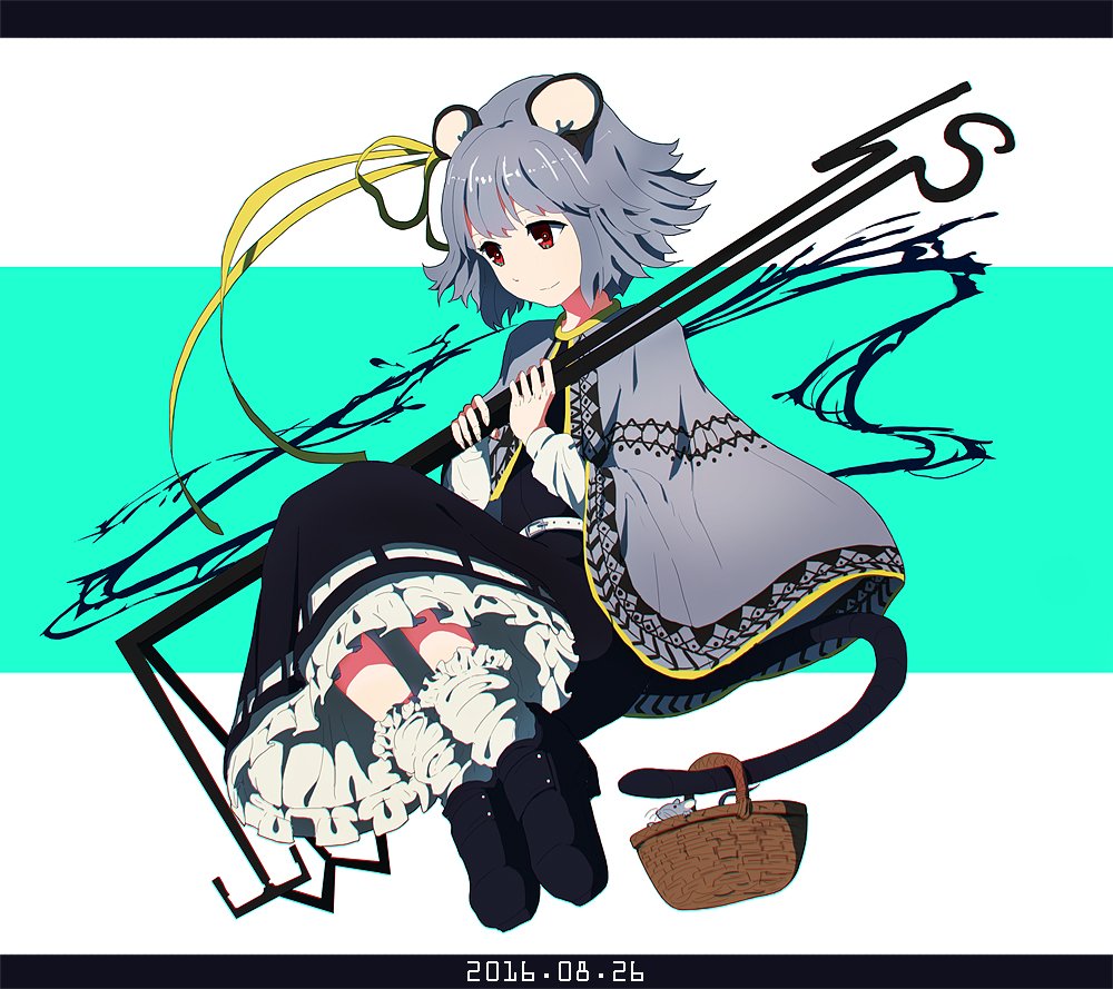 1girl 2016 alternate_costume animal_ears basket belt belt_buckle black_dress black_shoes blue_background buckle cape dowsing_rod dress full_body grey_cape grey_hair hair_ribbon letterboxed long_sleeves mouse mouse_ears mouse_tail nazrin red_eyes ribbon shishi_osamu shoes smile solo tail tail_hold touhou white_background white_legwear yellow_ribbon