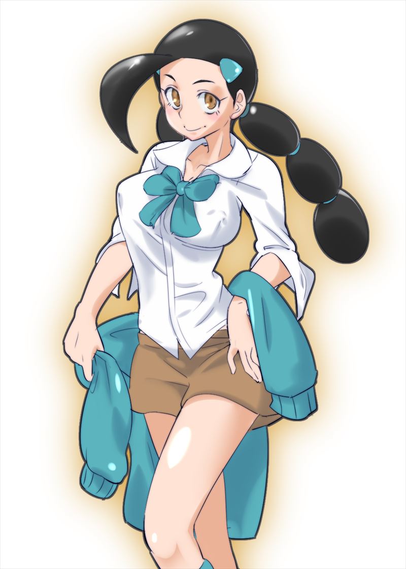 1girl black_hair blue_bow blue_neckwear bow bowtie braid breasts brown_eyes brown_skirt cleavage closed_mouth collarbone collared_shirt covered_nipples eyebrows eyelashes gym_leader hair_ornament large_breasts long_hair long_sleeves looking_at_viewer miniskirt multi-tied_hair pokemon pokemon_(game) pokemon_dppt shirt skirt smile solo suzuna_(pokemon) sweater twin_braids twintails white_background white_shirt zaitsu