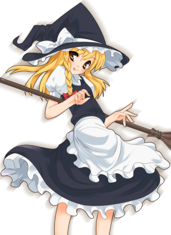 1girl apron black_dress blonde_hair bow braid broom contrapposto cowboy_shot dress female frills grey_background hair_bow hat holding kirisame_marisa looking_at_viewer looking_back puffy_short_sleeves puffy_sleeves red_bow short_sleeves shouji_ayumu simple_background single_braid solo standing team_shanghai_alice touhou waist_apron witch_hat