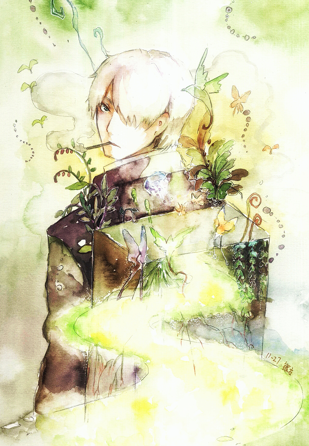 1boy backpack bag bluebluecathy butterfly dated ginko hair_over_one_eye highres looking_back male_focus mushishi signature smoking solo white_hair